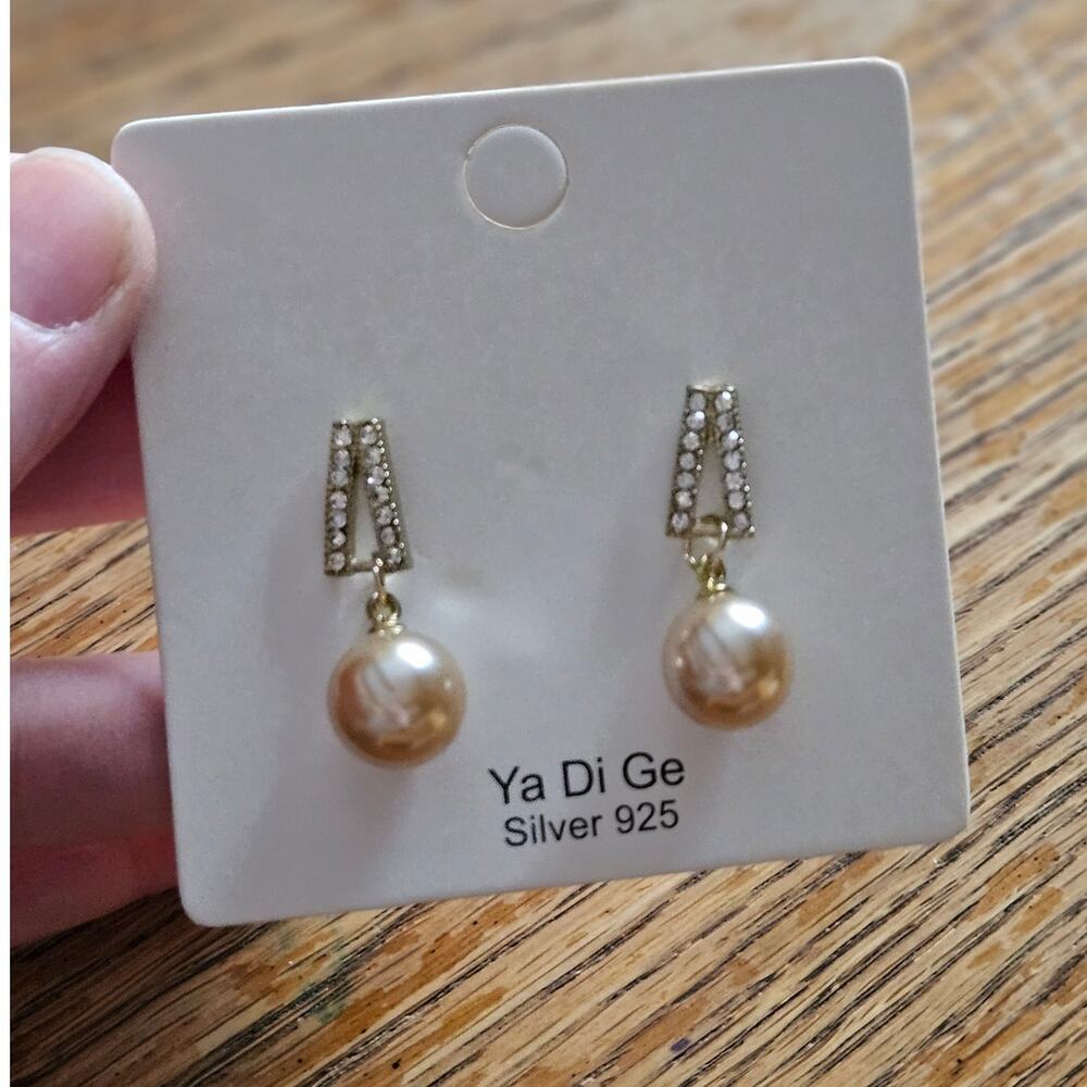 Ya Di Ge Champagne Faux Pearl Rhinestone Drop Earrings 925 Silver Posts NWT